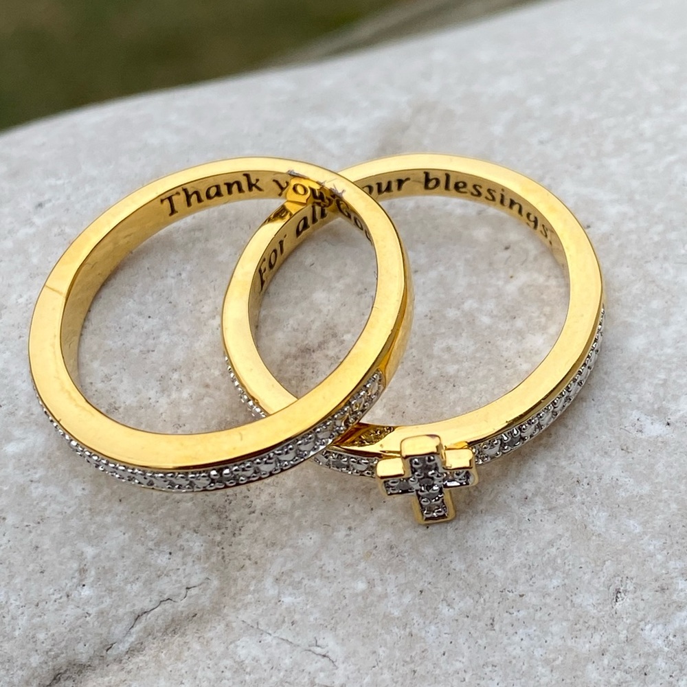 Danbury Mint stackable Diamond ring set Cross trio 14kt gold plated sz 7 - Picture 9 of 16